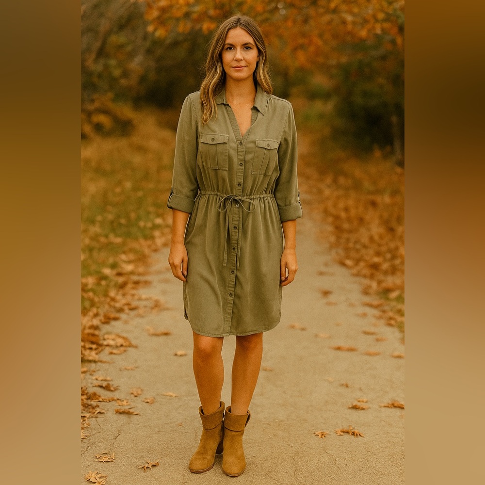 BEACHLUNCHLOUNGE Olive Green Utility Fall Shirt Dress Womens S Casual Earthy